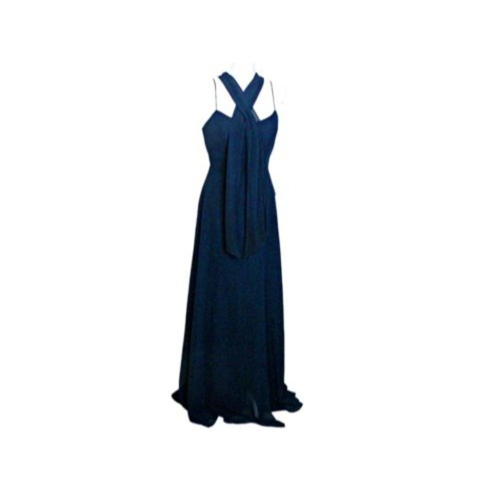 Jenny Yoo Bridesmaid Formal Party Evening Dress Scarf Wrap Neck Lined Blue Sz 8